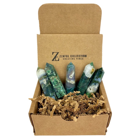 Green Moss Agate stone crystal healing tower pyramid point obelisk wand rock - Picture 4 of 15